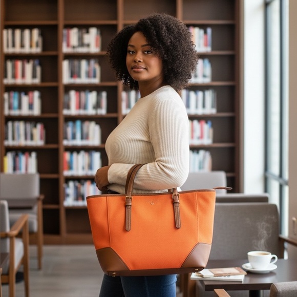 Michael Kors Aria Large Tote in Bright Orange Coated Fabric and tan leather trim - Picture 2 of 6